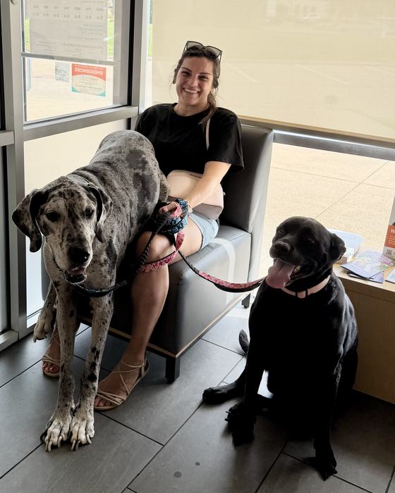 Jamie with her dogs Mason and Laila